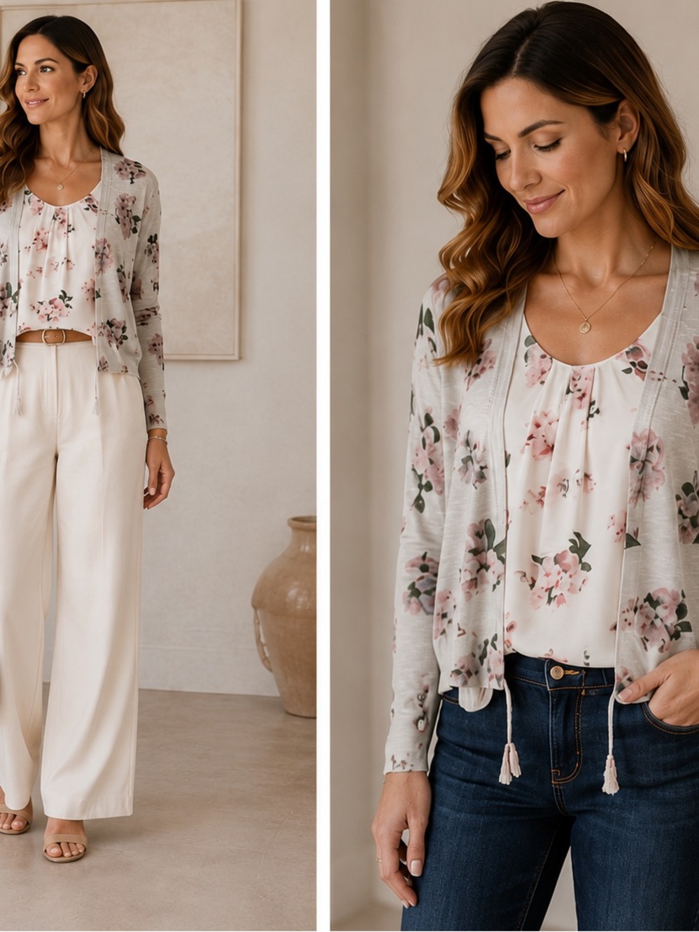 NWT Floral Tie-Front Cardigan and Silk Shell Set